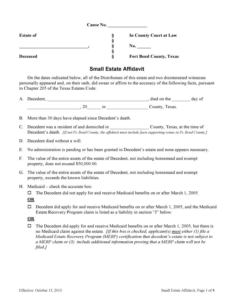 Fort Bend County Texas Small Estate Affidavit Form
