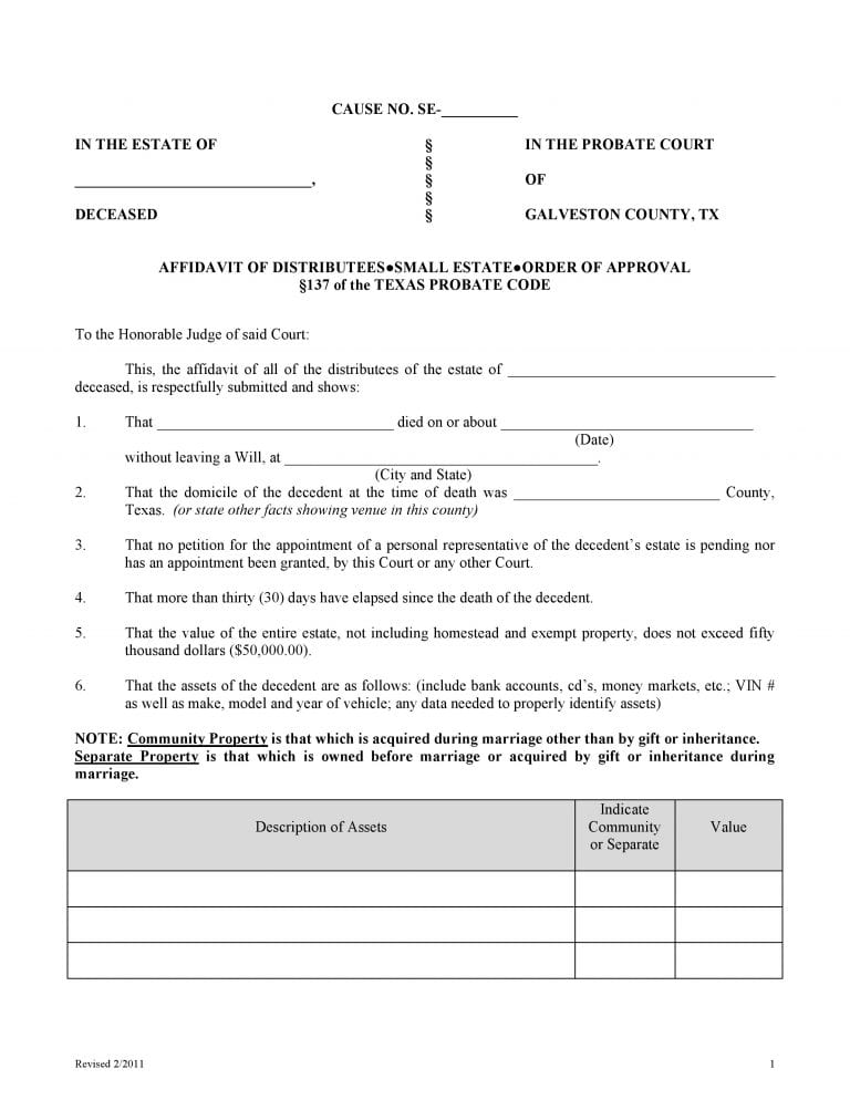 Download Free Galveston County Texas Small Estate Affidavit Form | Form ...