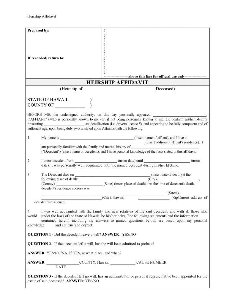 Download Free Hawaii Affidavit Of Heirship Form Form Download 2652