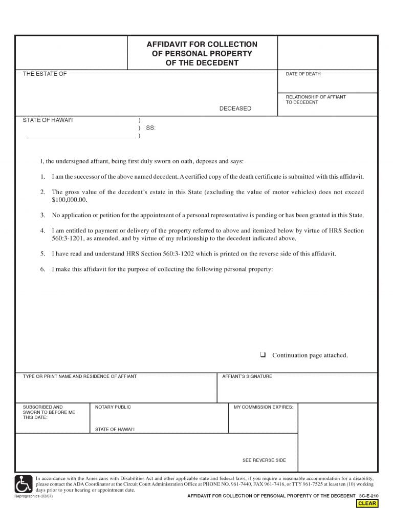 Download Free Hawaii Small Estate Affidavit Form Form Download 3603