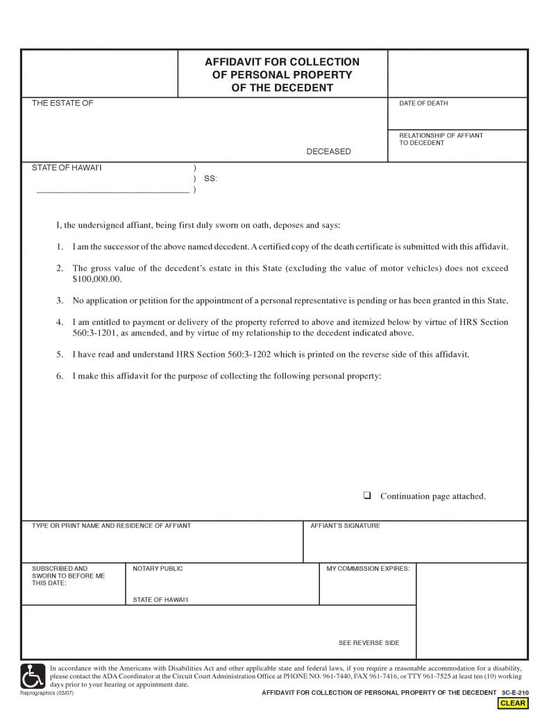 Download Free Hawaii Small Estate Affidavit Form Form Download