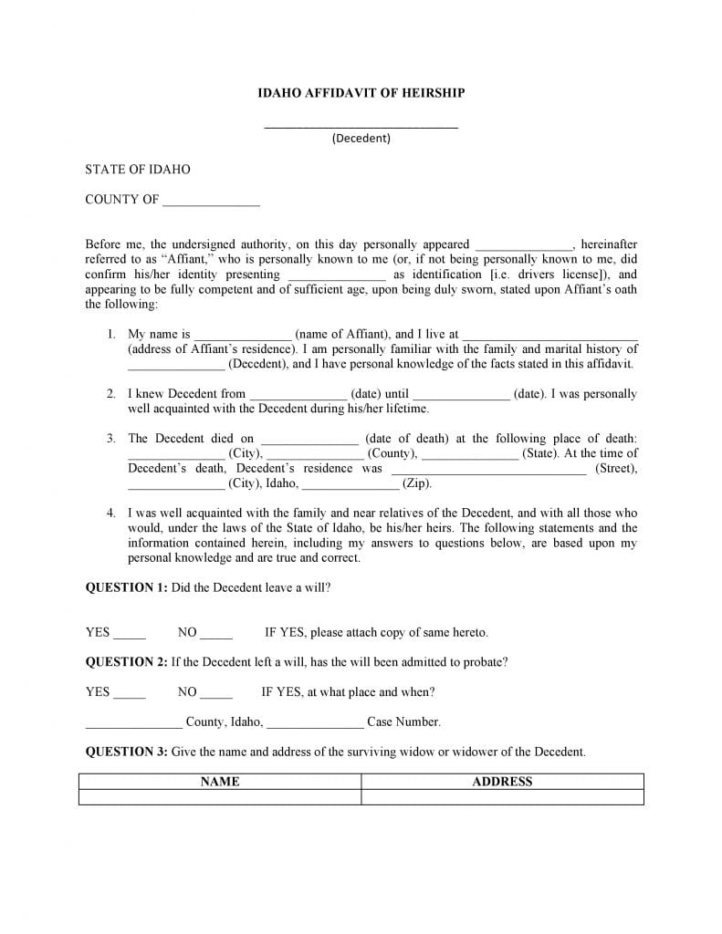 Idaho Affidavit Of Heirship