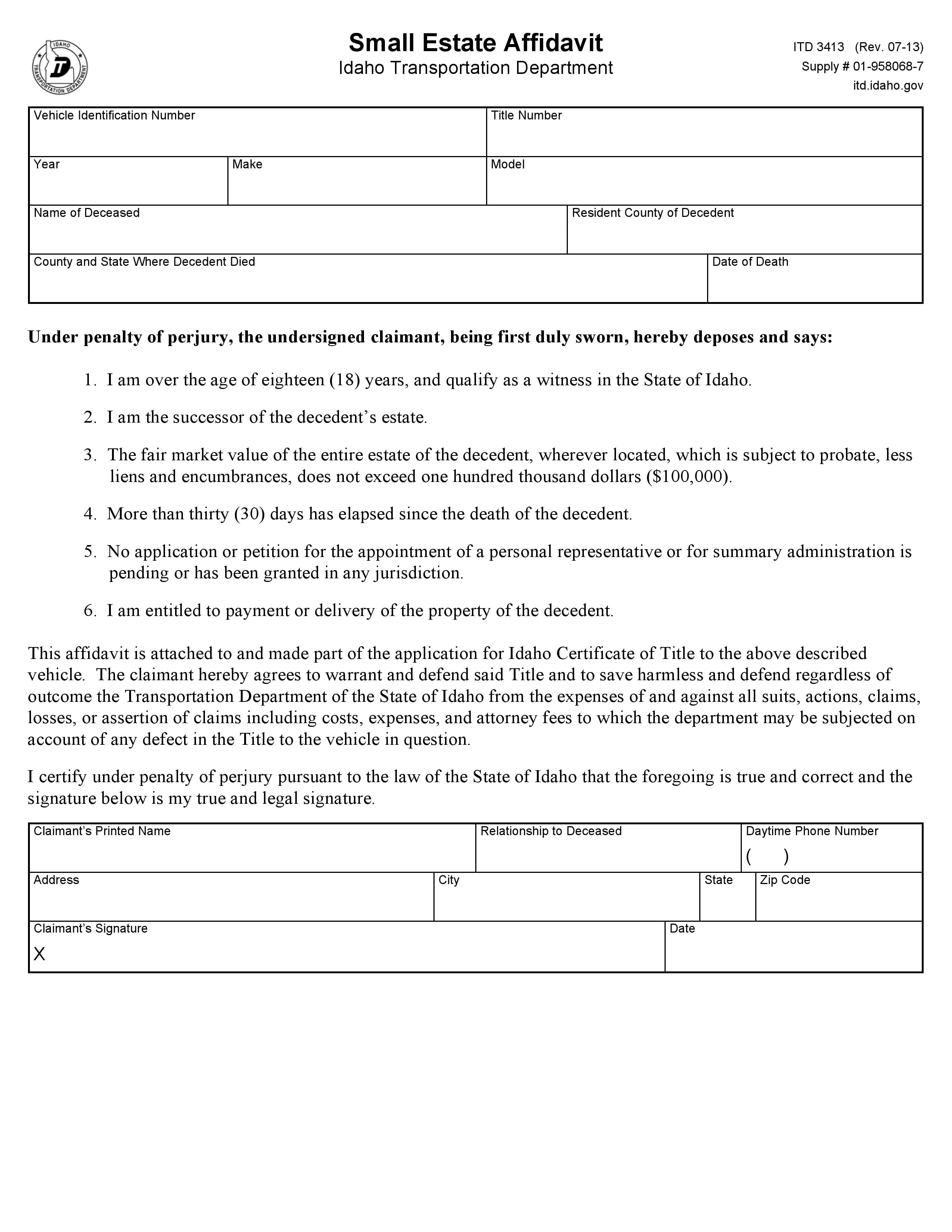 Download Free Idaho Small Estate Affidavit Vehicle Form 3413 Form Download
