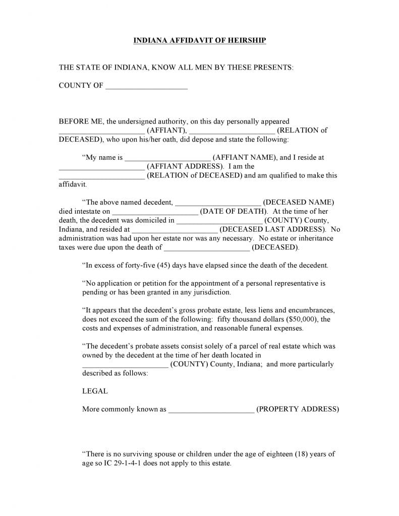 Indiana Affidavit Of Heirship