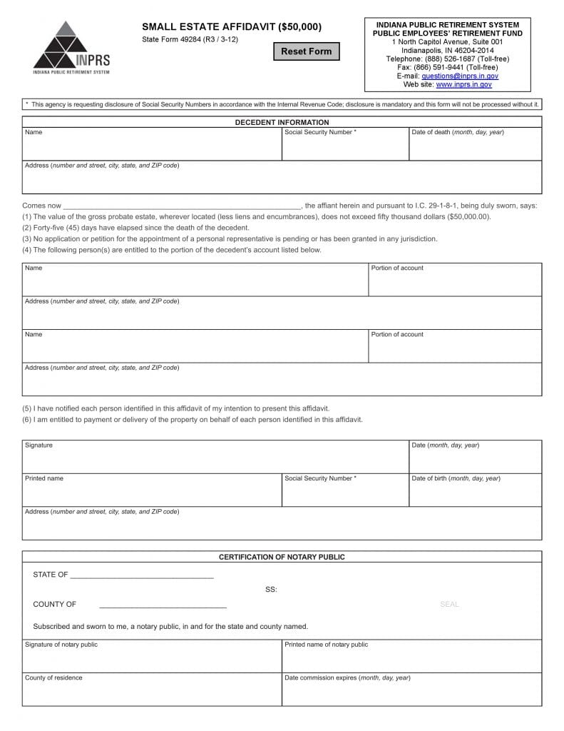 Indiana Small Estate Affidavit Form 49284