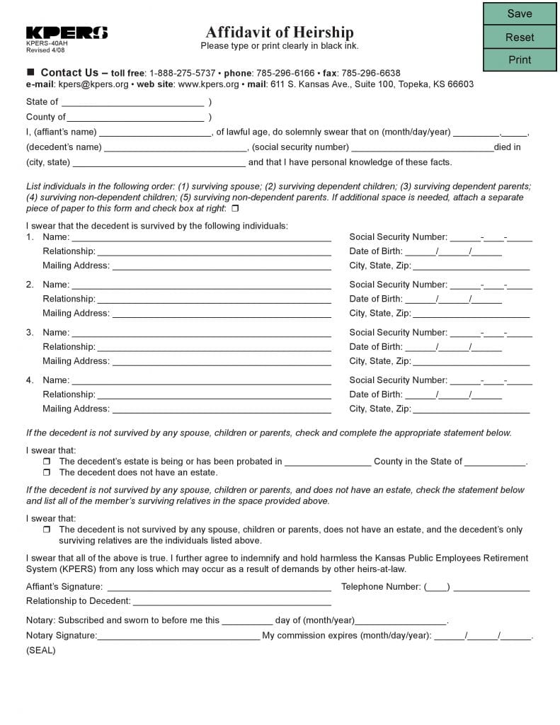 Kansas Affidavit Of Heirship Form K40AH
