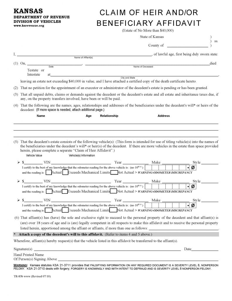 Kansas Small Estate Affidavit Vehicles Form TR83B