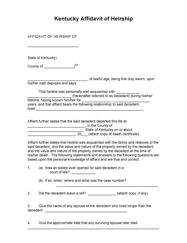 Download Free Kentucky Affidavit Of Heirship Form Form Download 0908