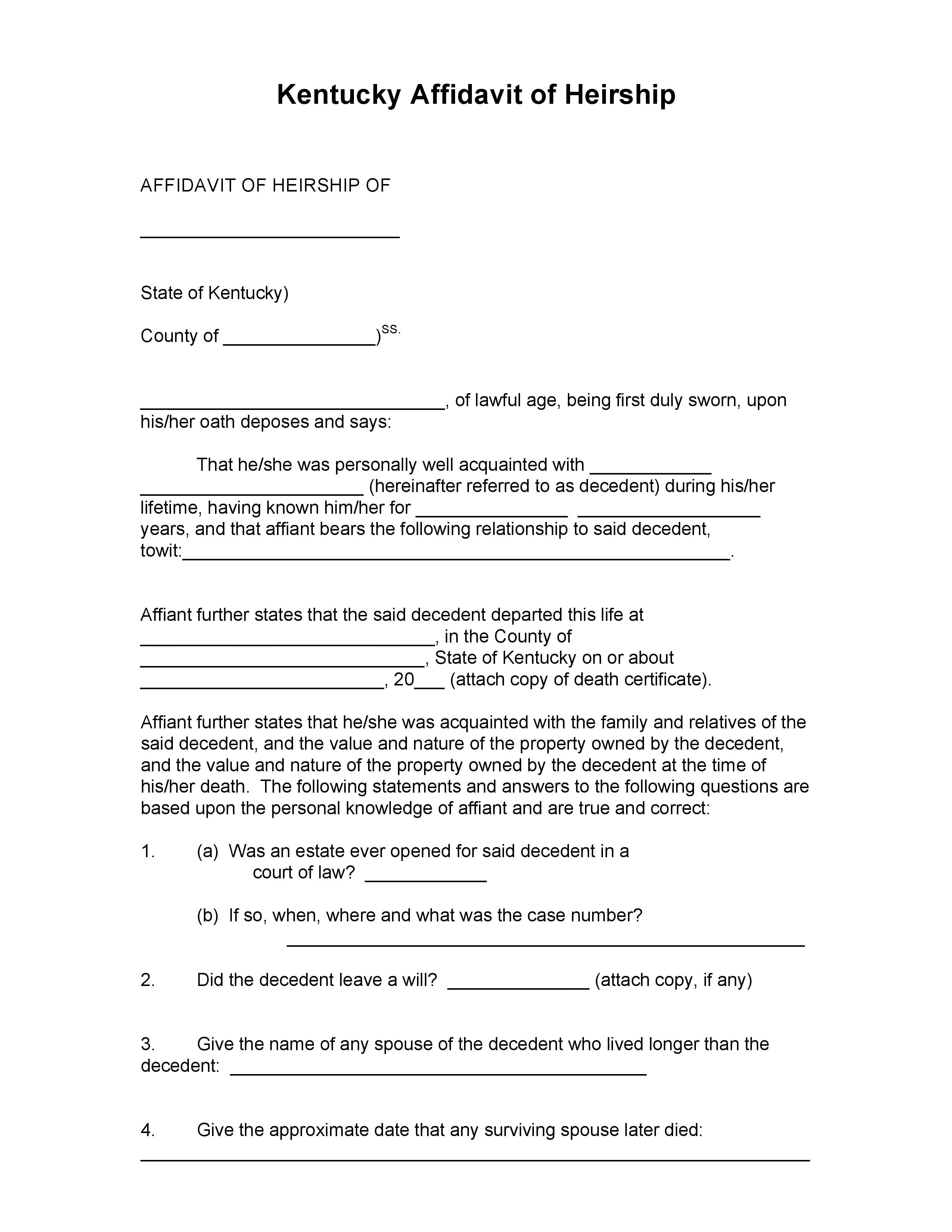 Download Free Kentucky Affidavit Of Heirship Form Form Download