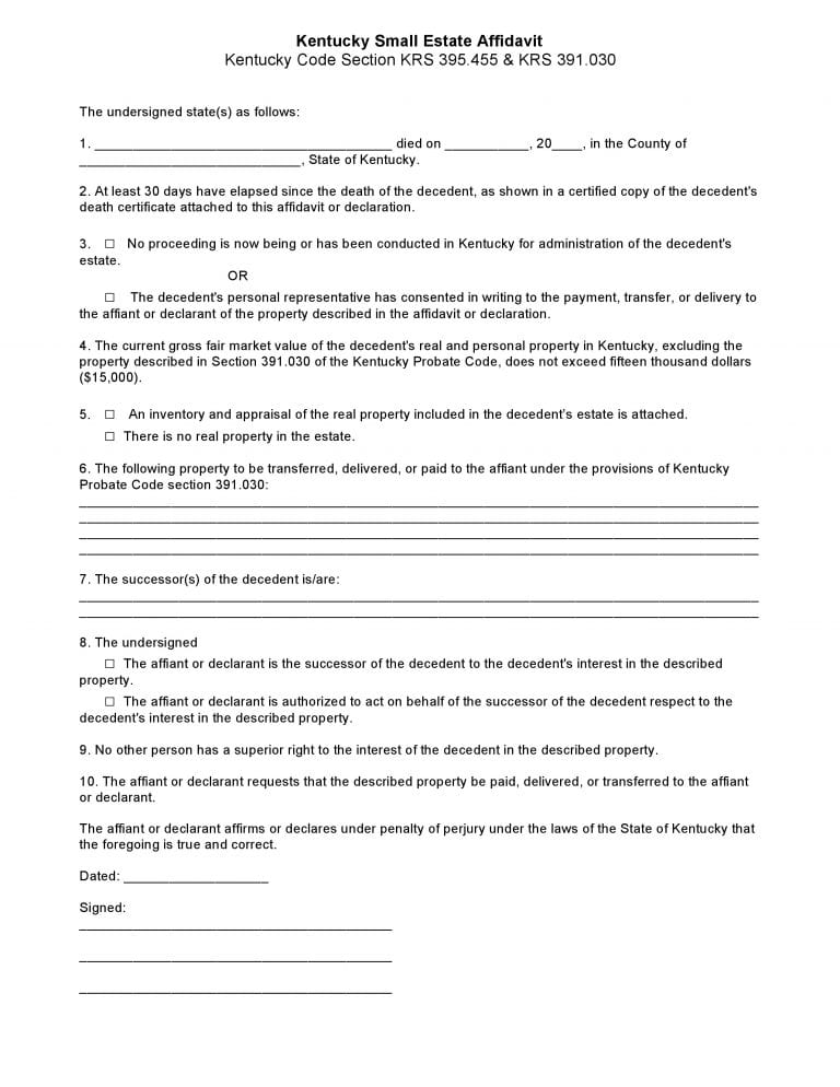 Download Free Kentucky Small Estate Affidavit Form | Form Download