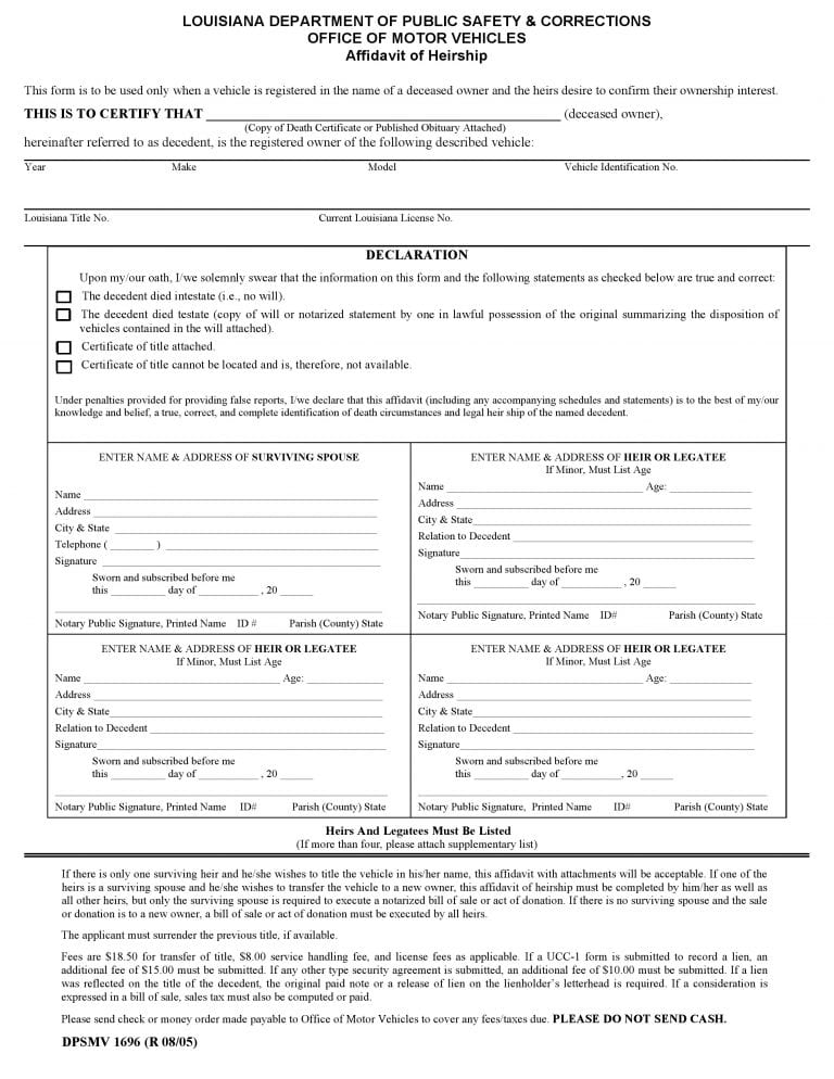 Download Free Louisiana Affidavit of Heirship Vehicle Only Form – 1696 ...