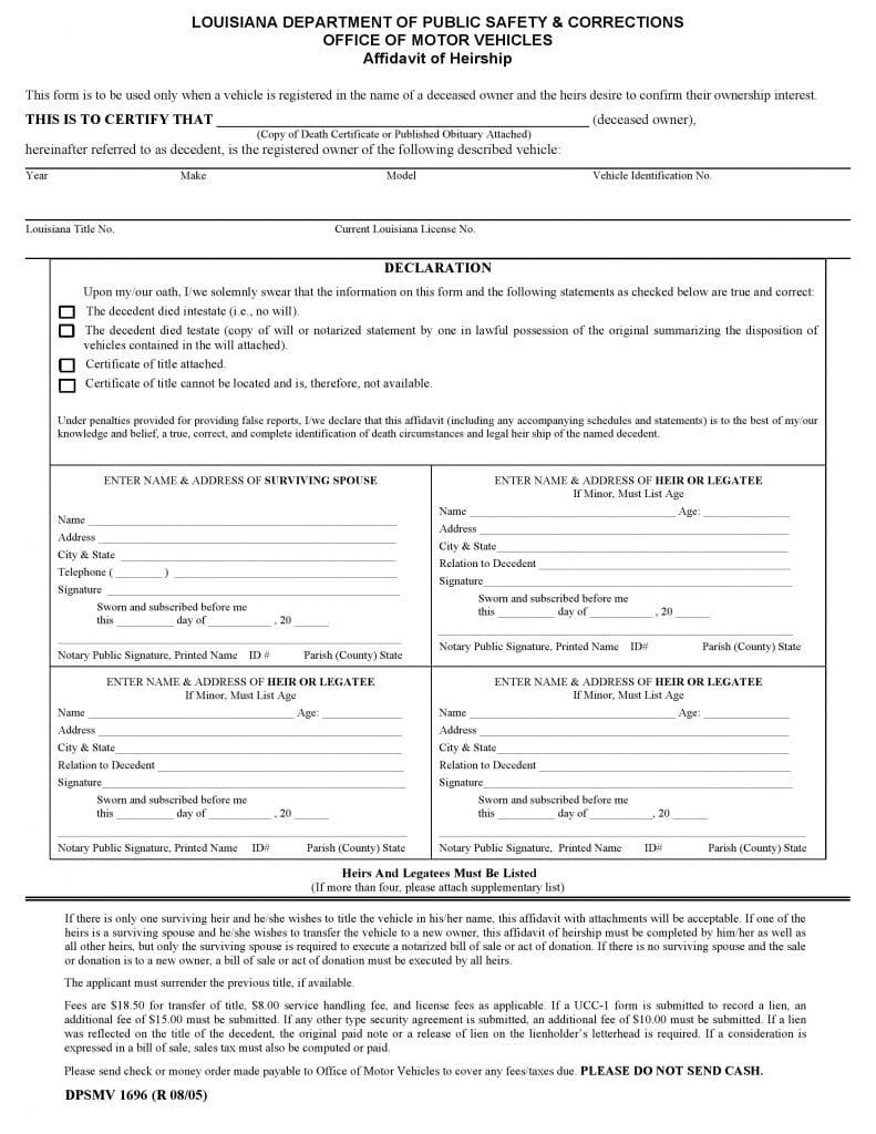 Download Free Louisiana Affidavit Of Heirship Vehicle Only Form 1696 Form Download